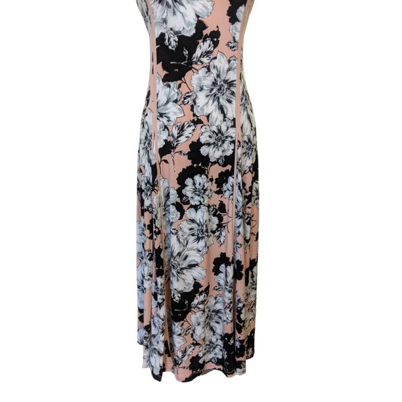 Nina Leonard Pink Black Sleeveless Maxi Dress Floral Cottage Summer Stretch Sz L - Picture 3 of 11